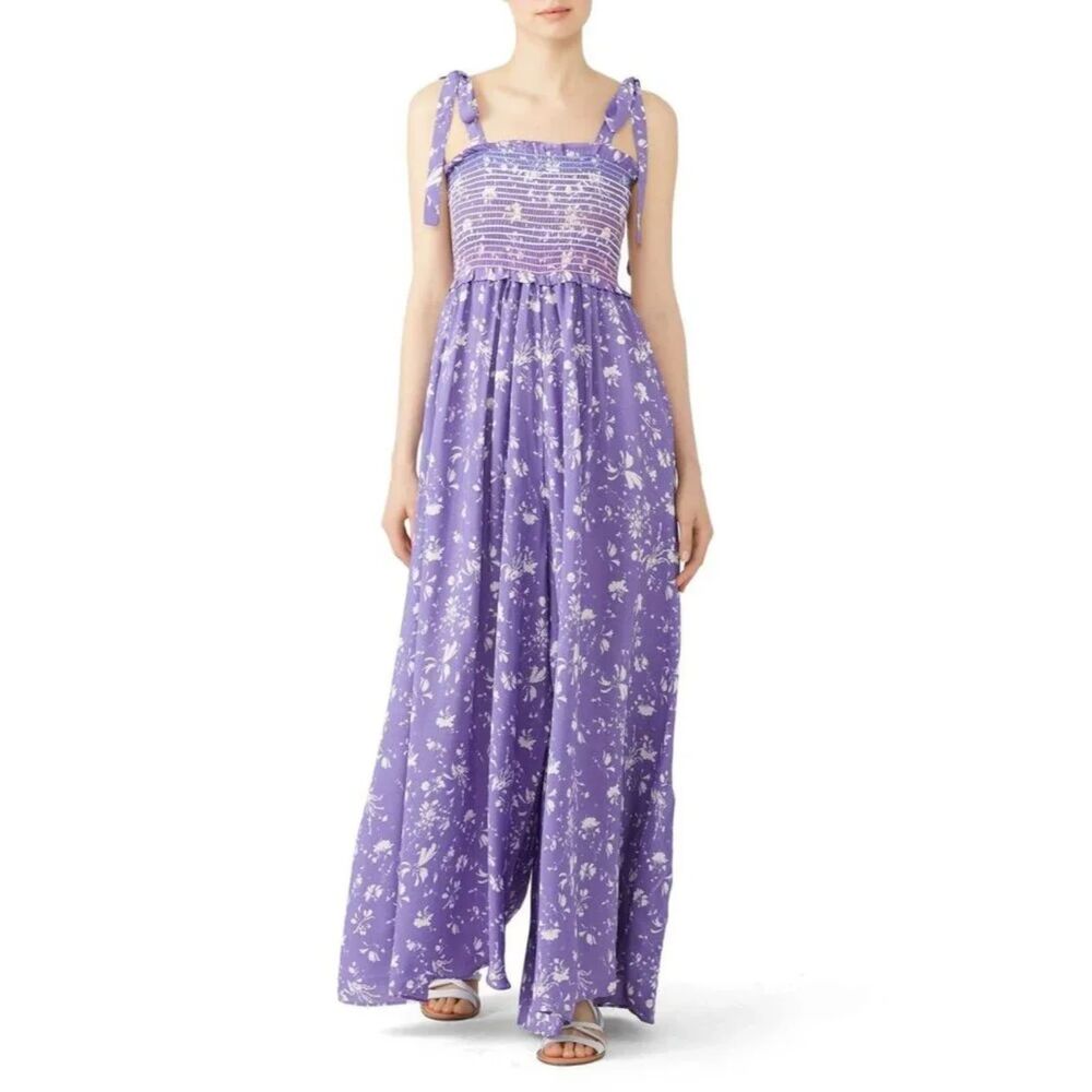 Free People Purple Floral Wide Leg Smocked Jumpsuit Sz. Small Boho Romantic